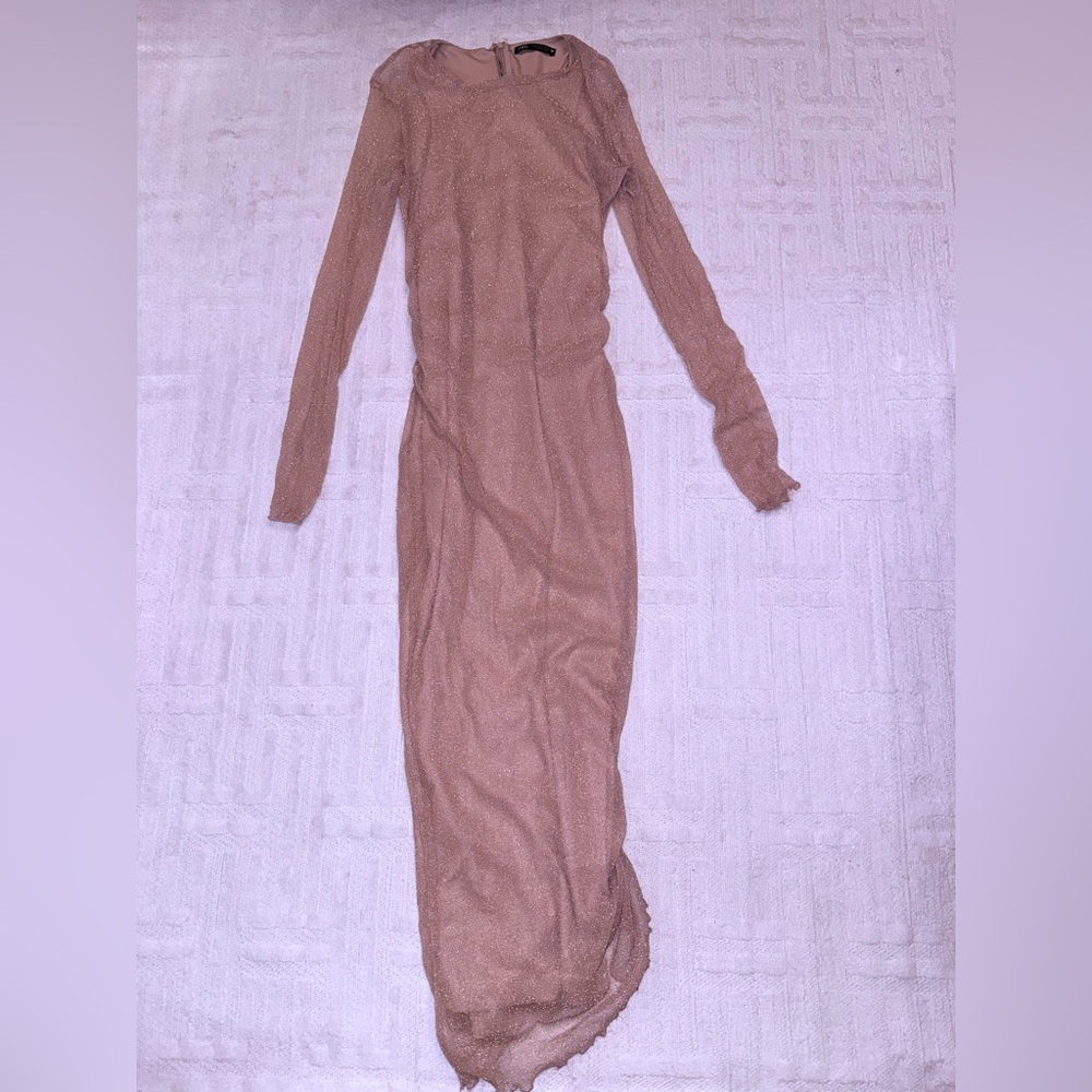 Zara Elegant Tan Long Sleeve Dress